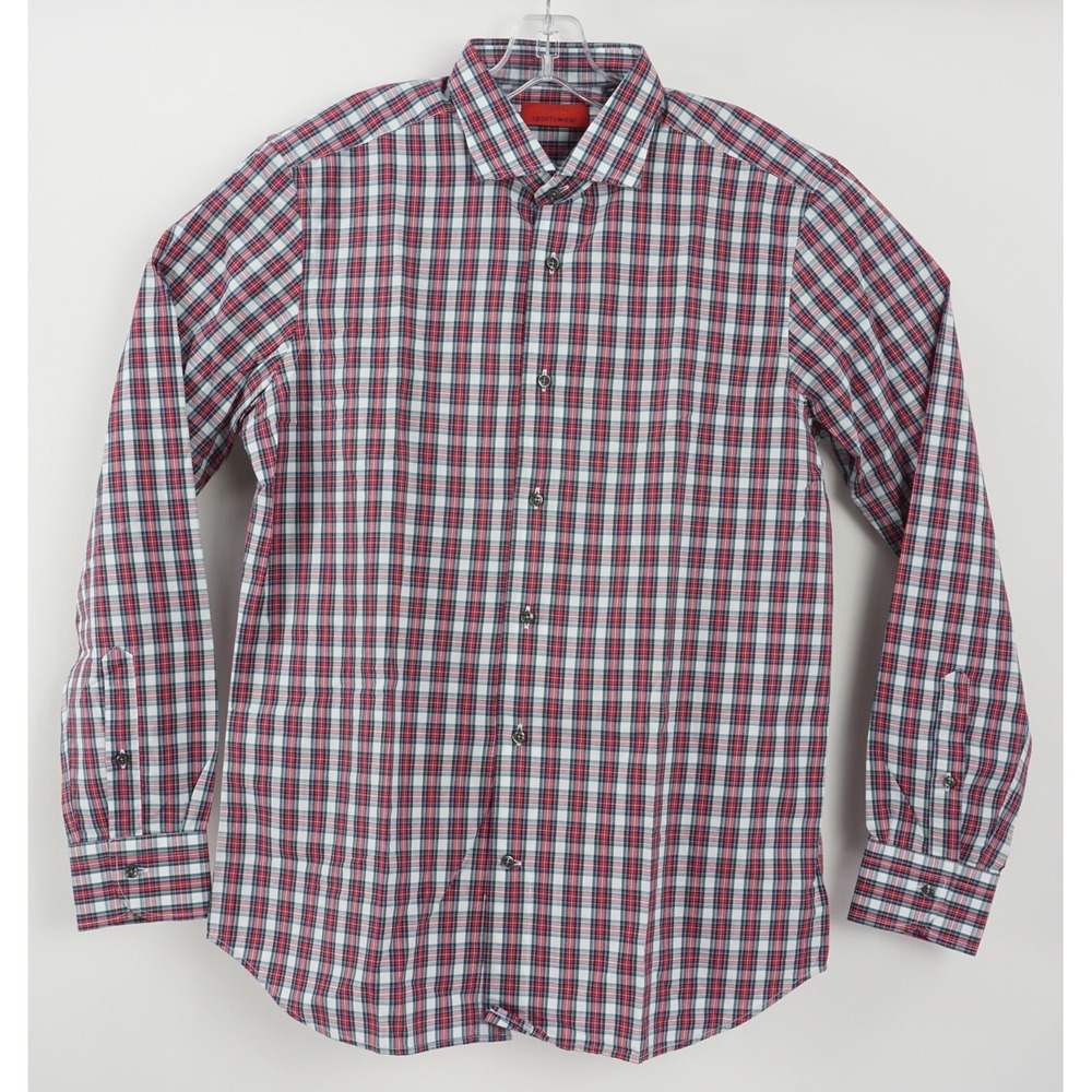 NWOT Park Sportswear Men's 16 L/S White Red Plaid Cotton Woven Button Up Shirt